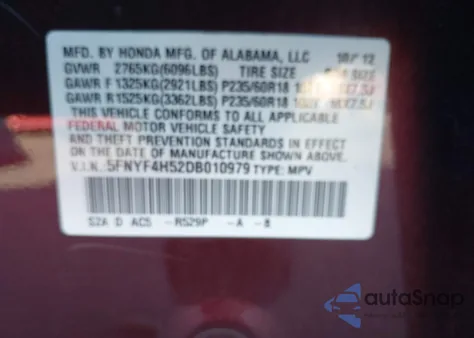 2013 Honda Pilot Ex-L from USA, damaged, VIN 5FNYF4H52DB010979